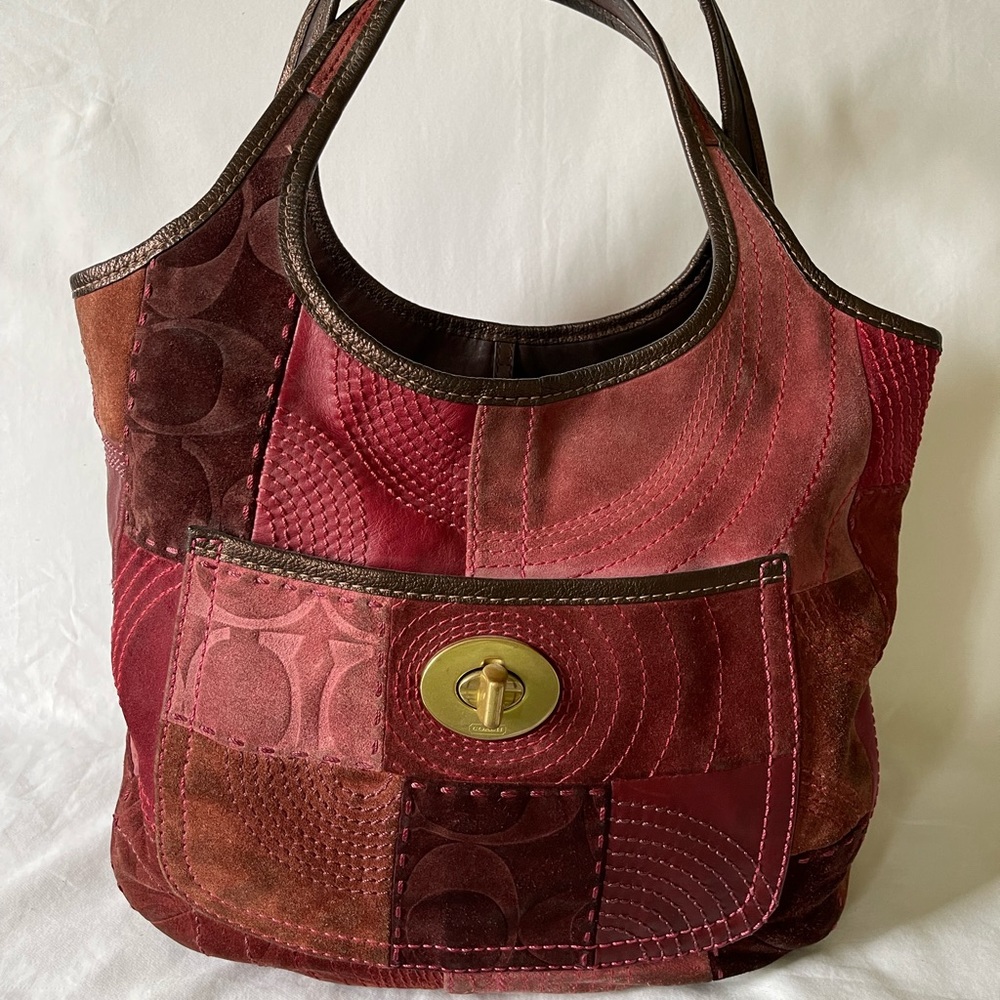 Coach Suede Burgundy Signature patchwork handbag.